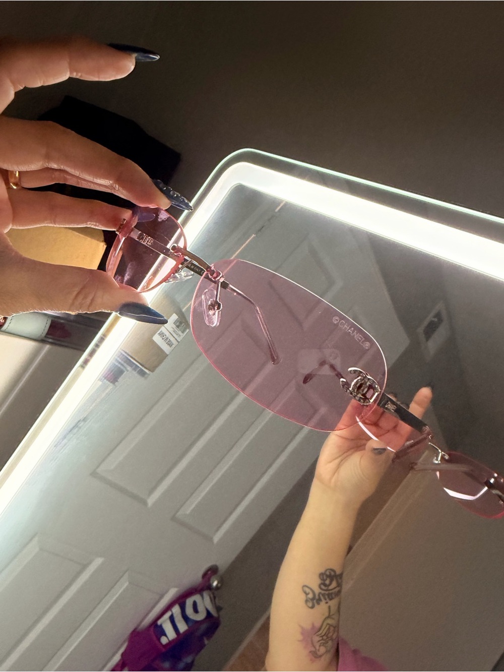 CHANEL Rimless Sunglasses in Pink with Silver Accents